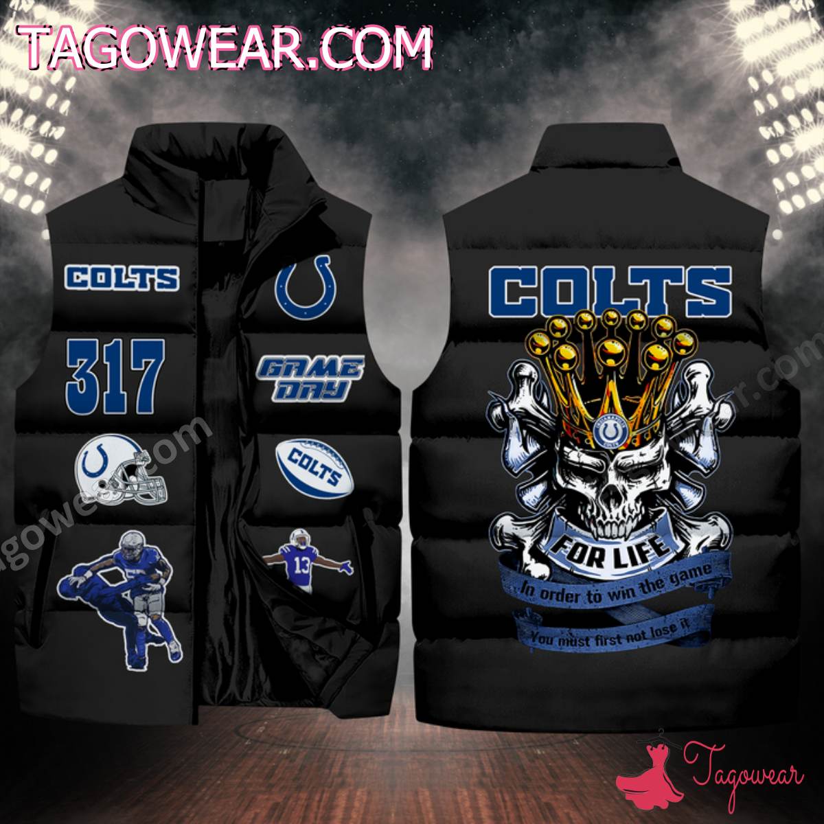 NFL Indianapolis Colts Skull For Life In Order To Win The Game Puffer Sleeveless Jacket