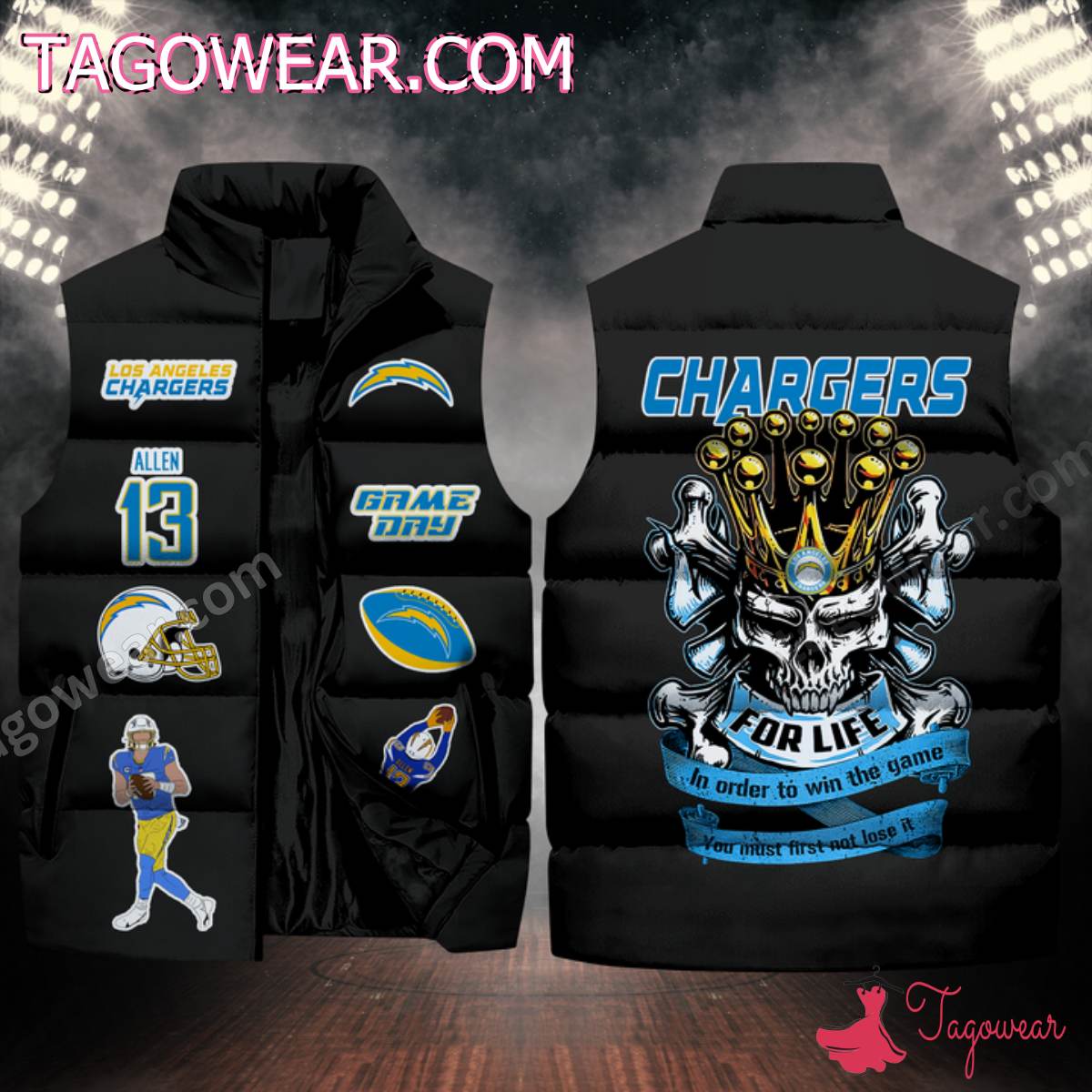 NFL Los Angeles Chargers Skull For Life In Order To Win The Game Puffer Sleeveless Jacket