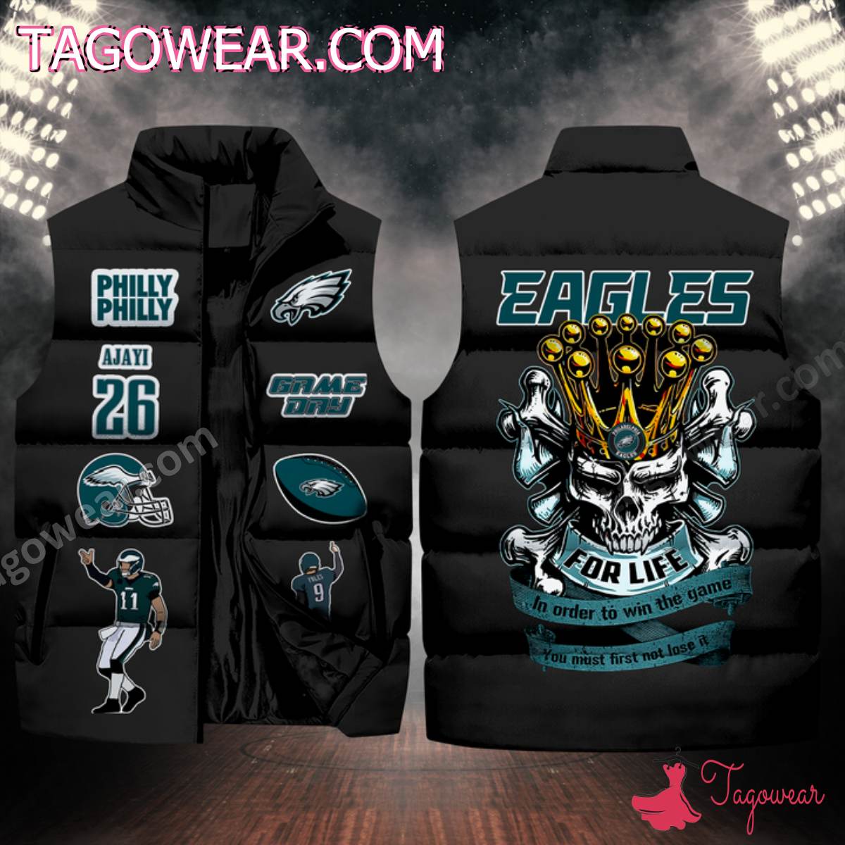 NFL Philadelphia Eagles Skull For Life In Order To Win The Game Puffer Sleeveless Jacket