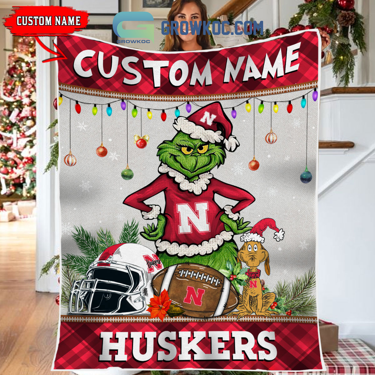 Nebraska Cornhuskers Grinch Football Merry Christmas Light Personalized Fleece Blanket Quilt2B1 Zvai7