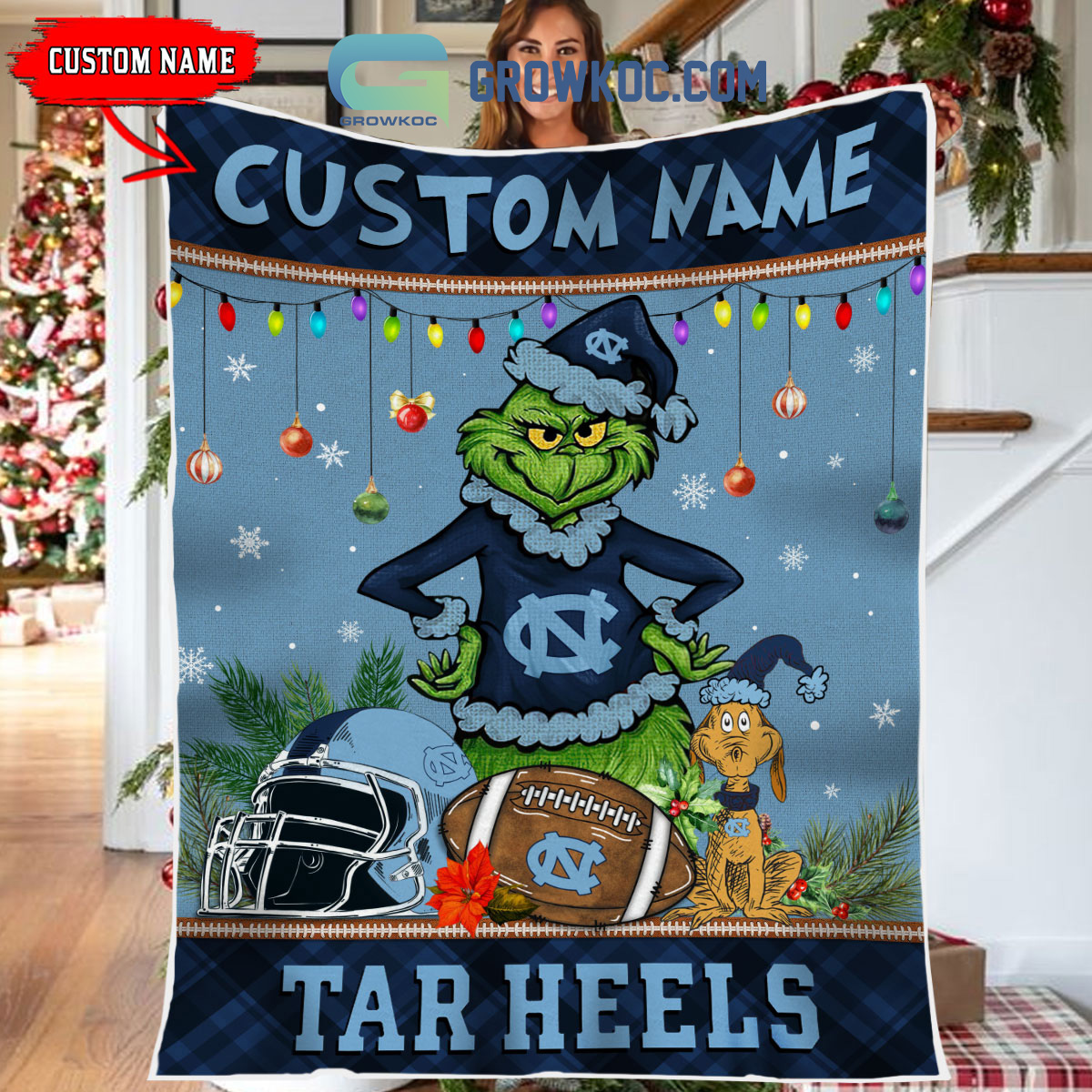 North Carolina Tar Heels Grinch Football Merry Christmas Light Personalized Fleece Blanket Quilt2B1 VQPfc