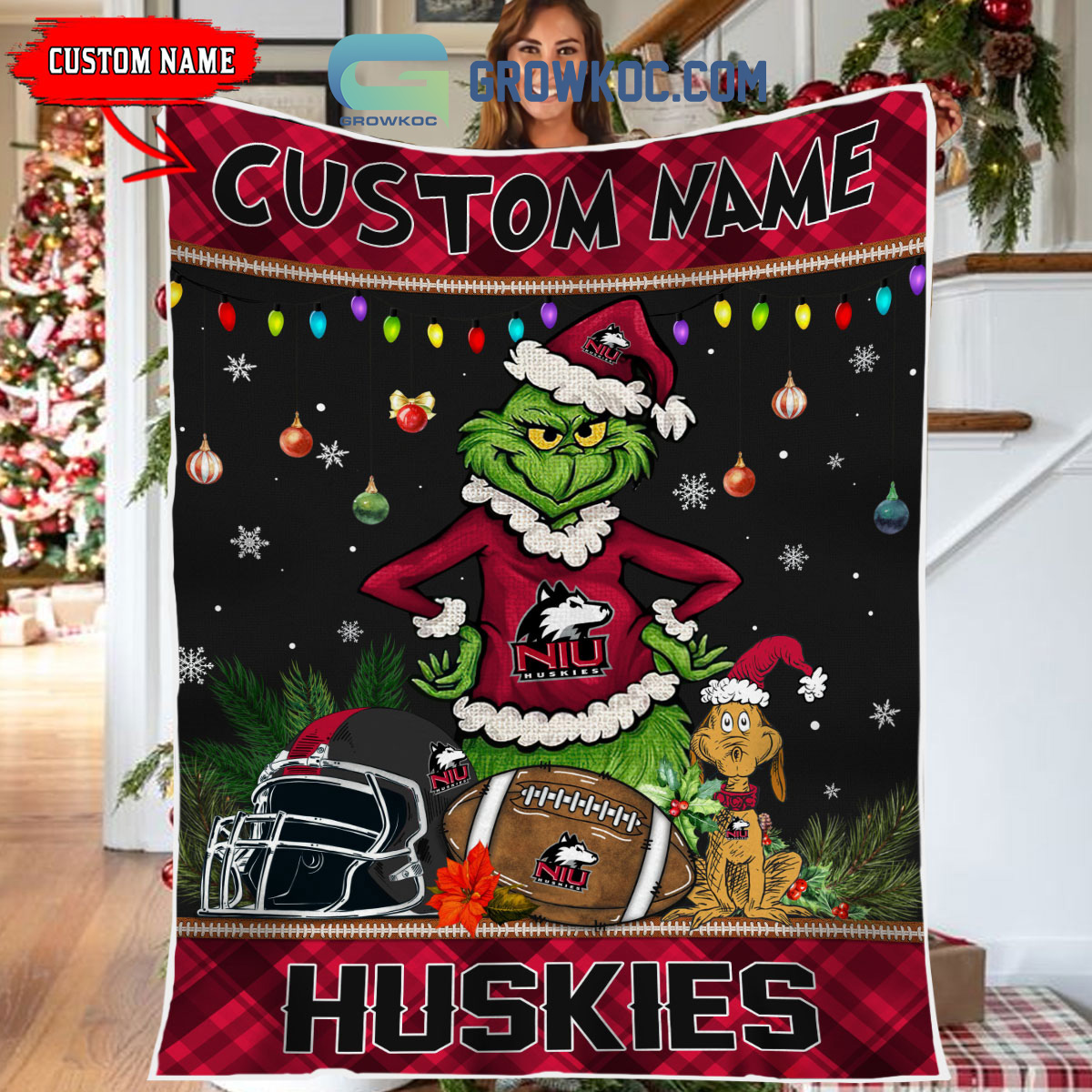 Northern Illinois Huskies Grinch Football Merry Christmas Light Personalized Fleece Blanket Quilt2B1 V1tvB