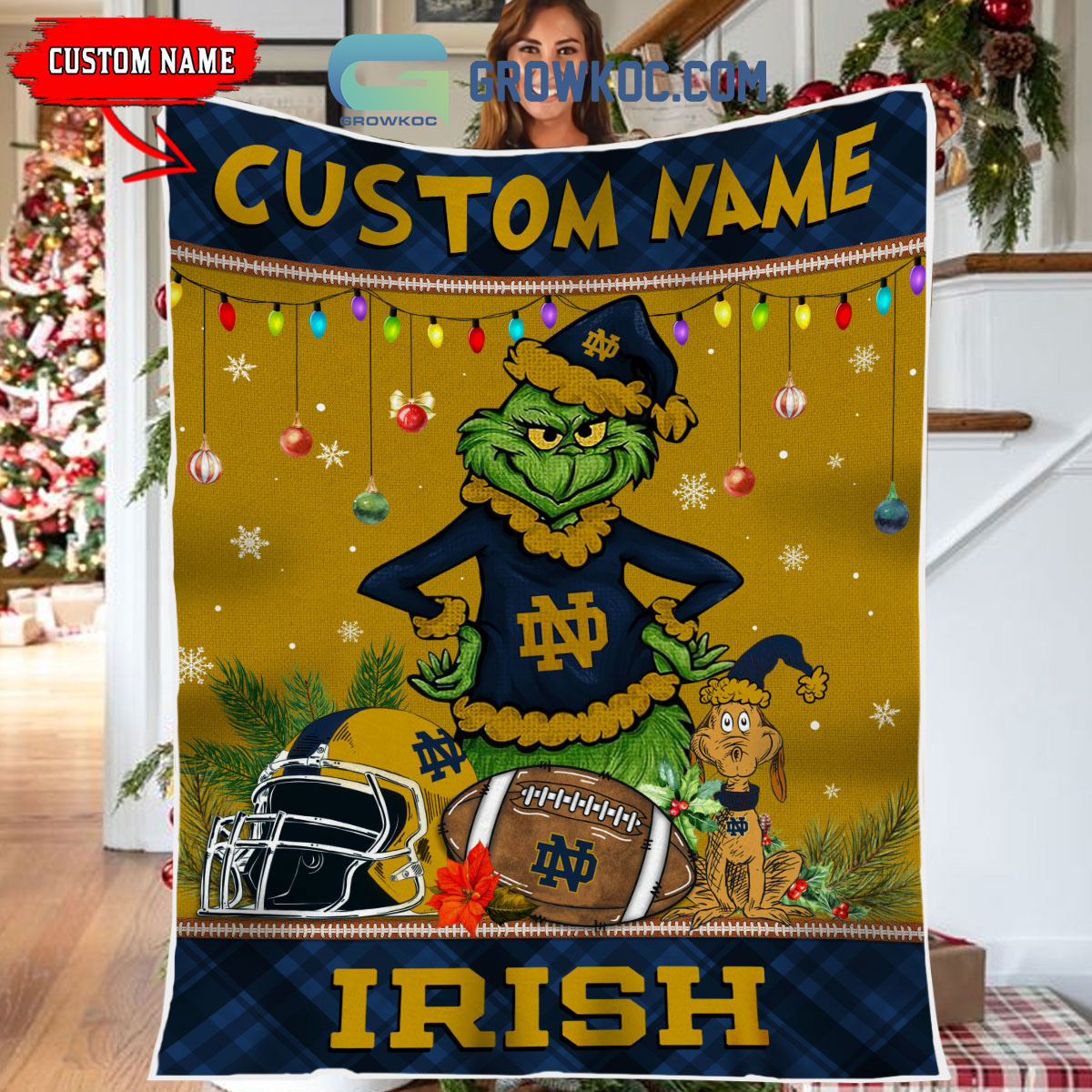 Notre Dame Fighting Irish Grinch Football Merry Christmas Light Personalized Fleece Blanket Quilt2B1 LnwR8