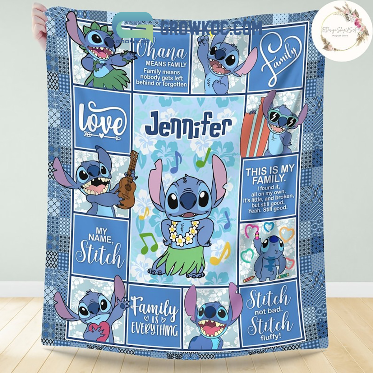 Ohana Means Family Hawaii Stitch Personalized Fleece Blanket Quilt2B1 FcmCH