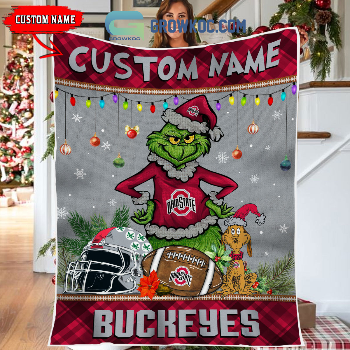 Ohio State Buckeyes Grinch Football Merry Christmas Light Personalized Fleece Blanket Quilt2B1 EnbgM