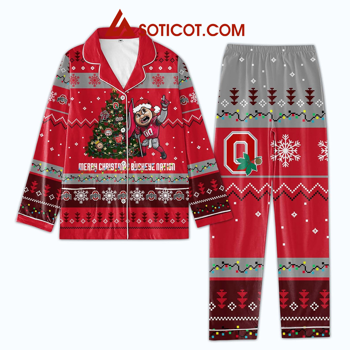 Ohio State Buckeyes Merry Chrismas Buckeye Nation Holidays Silk Pajamas Set2B1 I2oIG