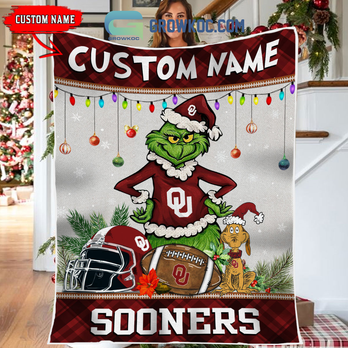 Oklahoma Sooners Grinch Football Merry Christmas Light Personalized Fleece Blanket Quilt2B1 JzSEr