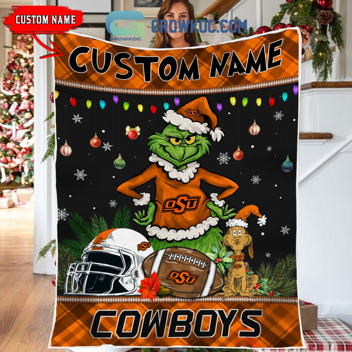 Oklahoma State Cowboys Grinch Football Merry Christmas Light Personalized Fleece Blanket Quilt2B1 FX3jH