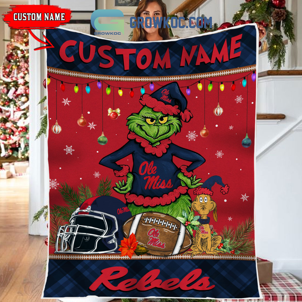 Ole Miss Rebels Grinch Football Merry Christmas Light Personalized Fleece Blanket Quilt2B1 6hj5z