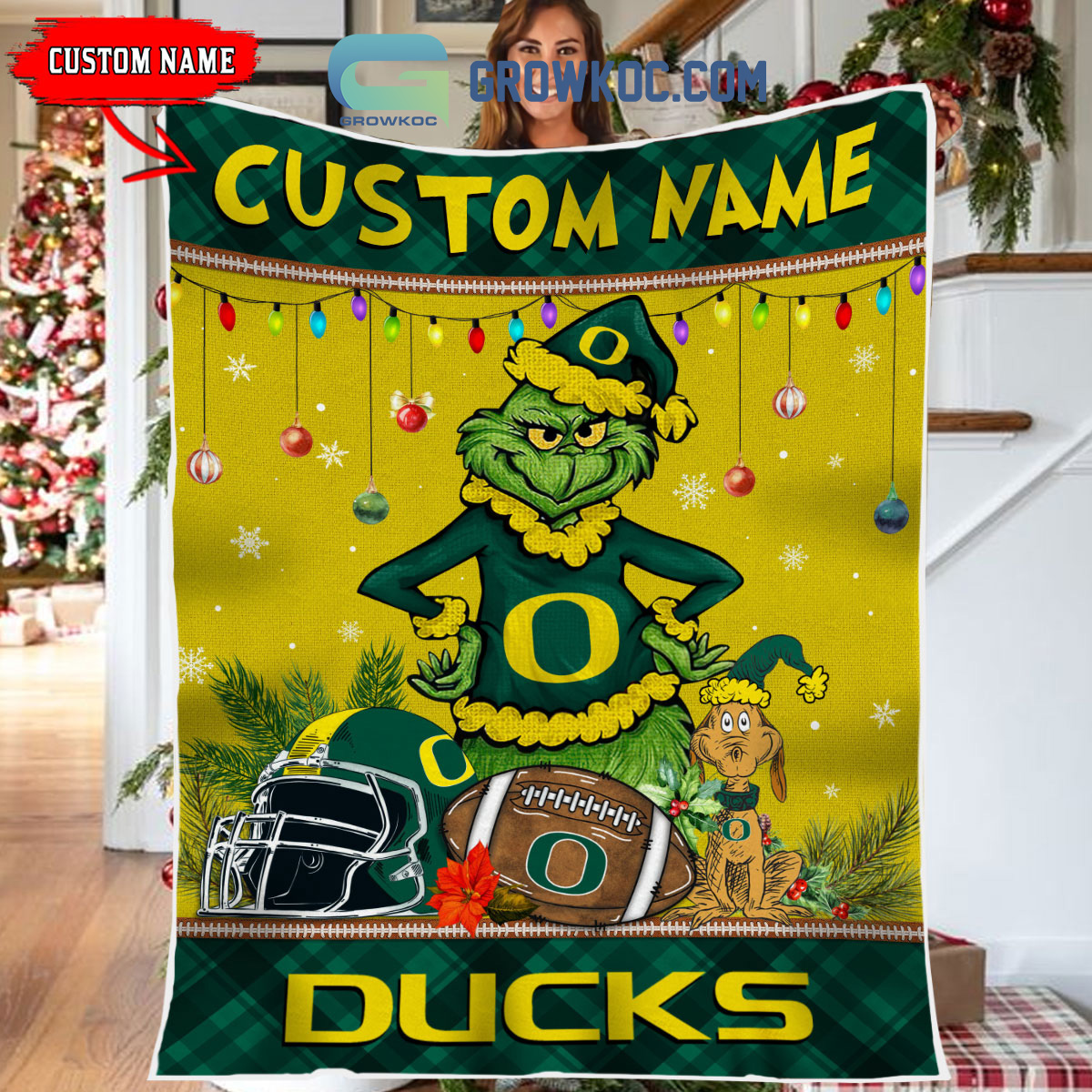 Oregon Ducks Grinch Football Merry Christmas Light Personalized Fleece Blanket Quilt2B1 H2iyG