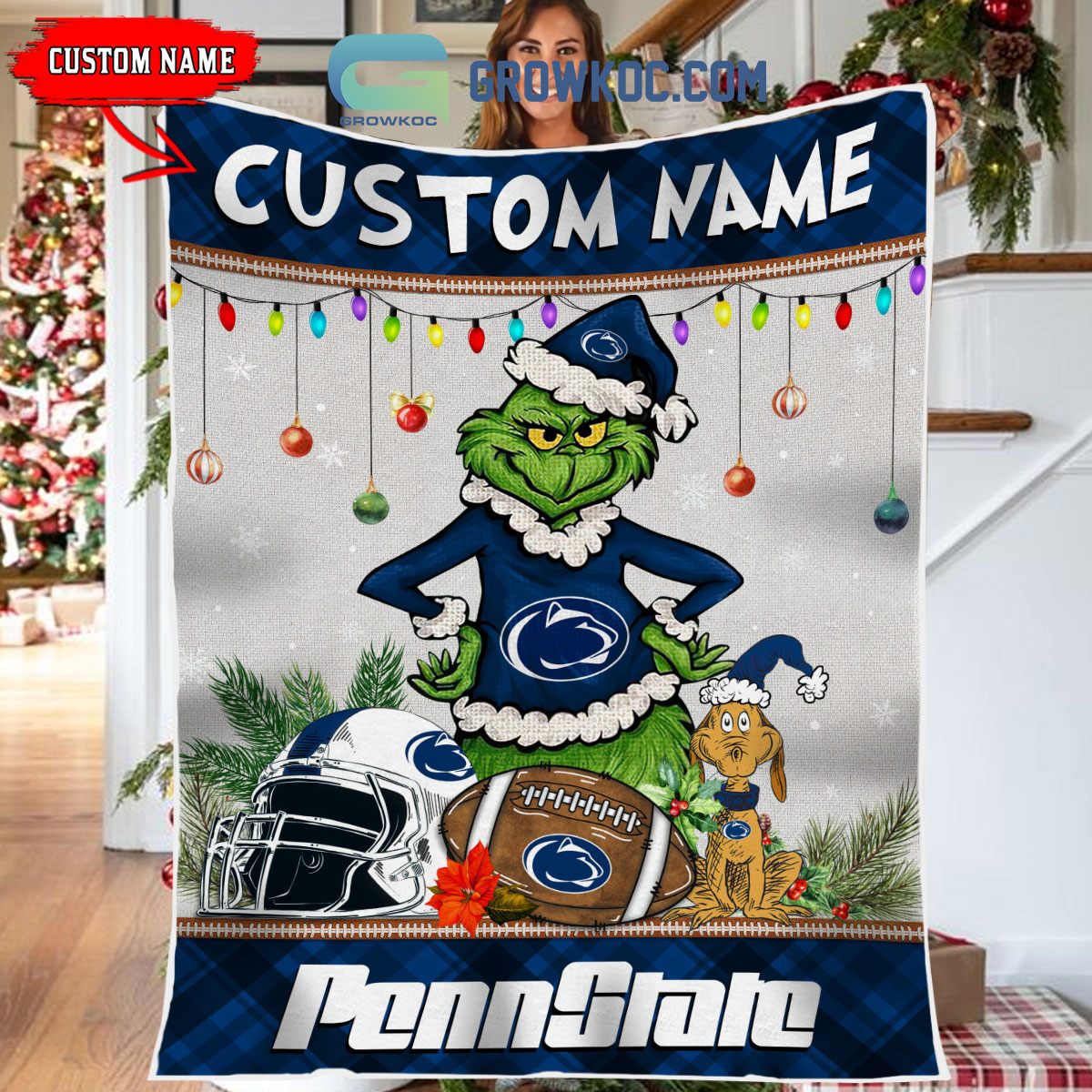 Penn State Nittany Lions Grinch Football Merry Christmas Light Personalized Fleece Blanket Quilt2B1 XutM4