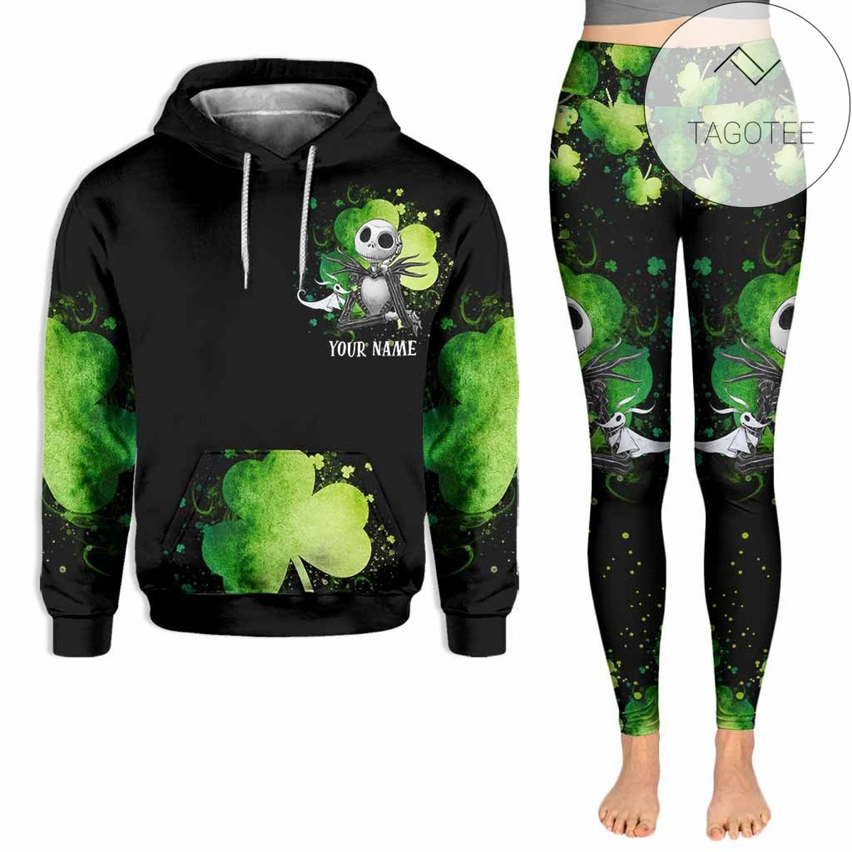 Personalized St. Patricks Day All Over Print 3D Clover Hoodie Leggings Black