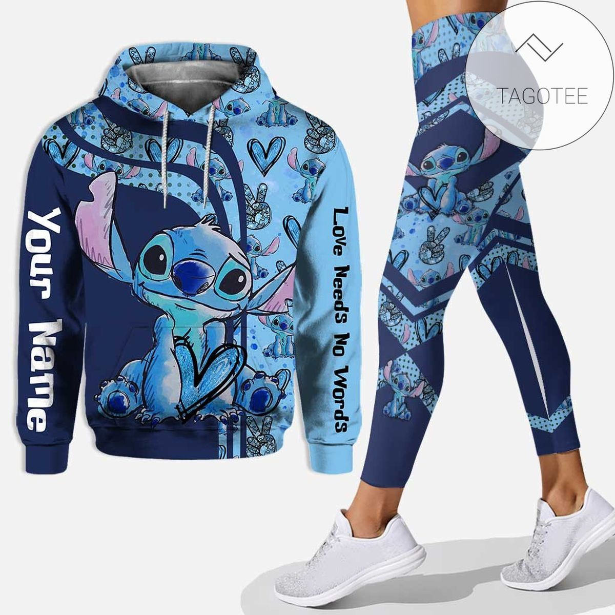 Personalized Stitch Love Needs No Words All Over Print 3D Hoodie Leggings Blue