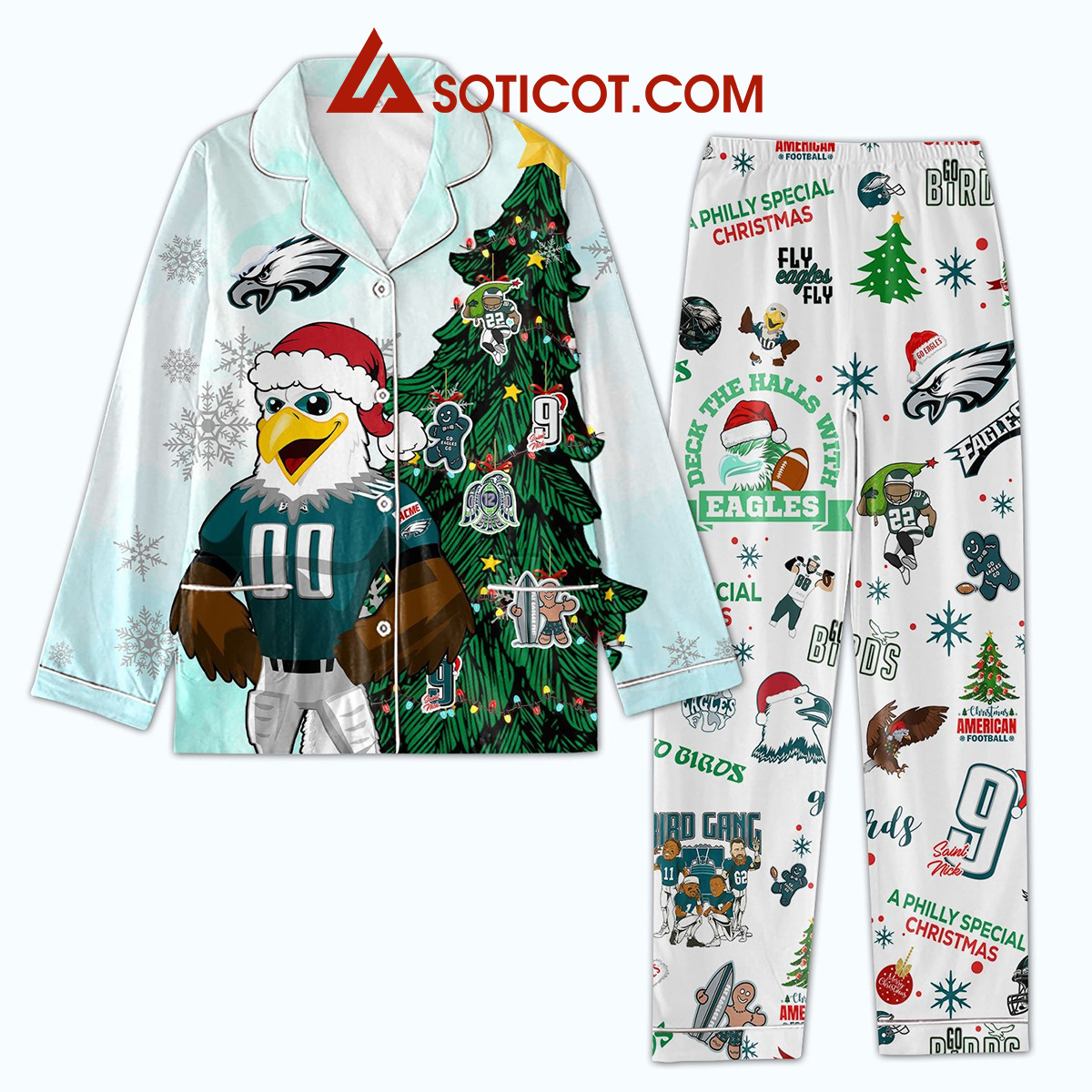 Philadelphia Eagles Deck The Halls With Eagles Bird Gang Philly Special Christmas Winter Polyester Pajama Set2B1 yaiBN