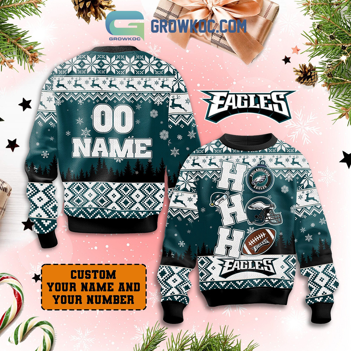 Philadelphia Eagles Ho Ho Ho Personalized Christmas Ugly Sweater2B1 yBkdj