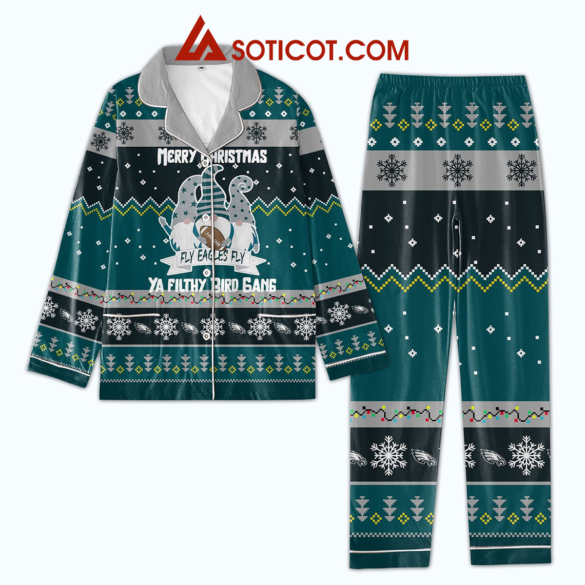 Philadelphia Eagles Merry Christmas Fly Eagles Fly Ya Filthy Bird Gand Snowflakes Winter Polyester Pajama Set2B1 DsRce