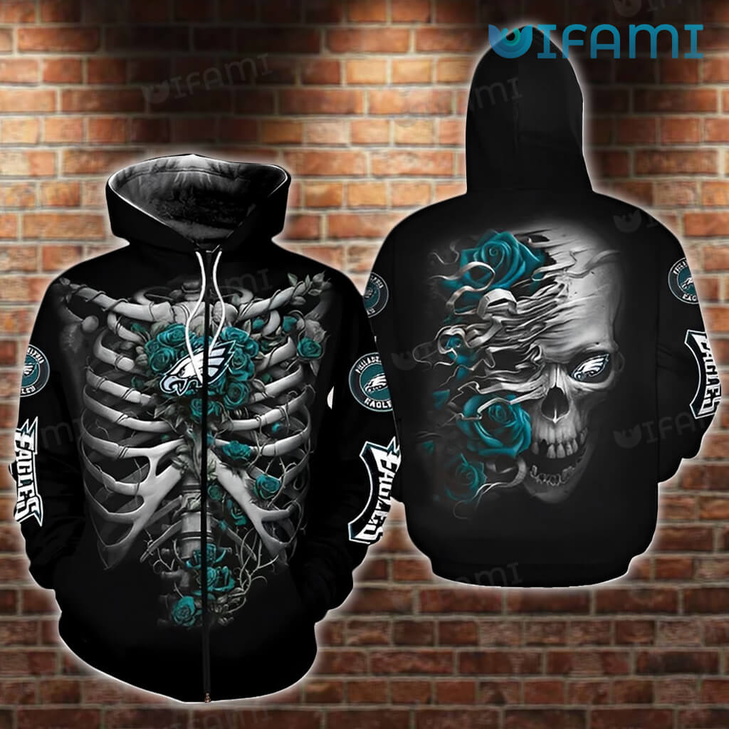 Philadelphia Eagles Zip Up Hoodie 3D Skeleton Roses Logo Philadelphia Eagles Gift