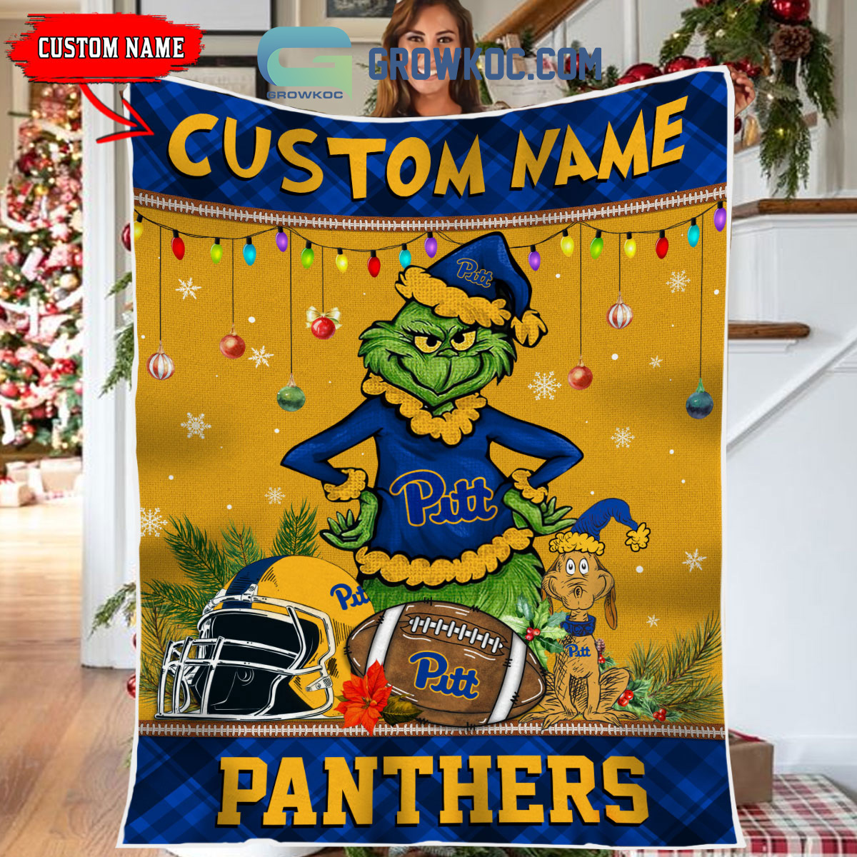 Pittsburgh Panthers Grinch Football Merry Christmas Light Personalized Fleece Blanket Quilt2B1 Bob6C