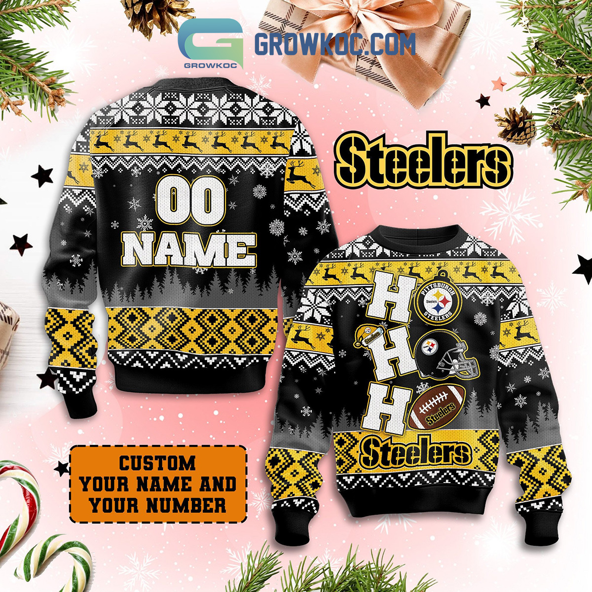 Pittsburgh Steelers Ho Ho Ho Personalized Christmas Ugly Sweater2B1 wVKJx