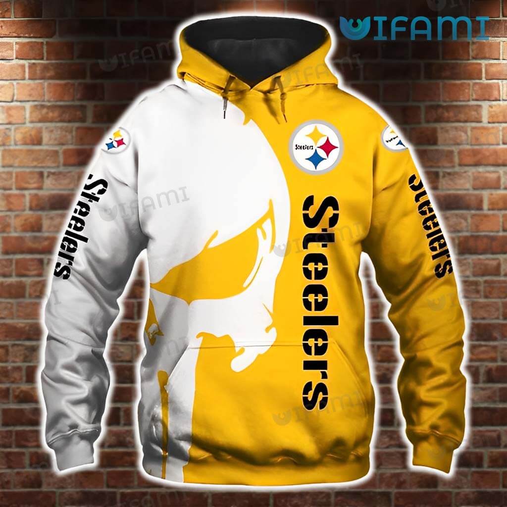 Pittsburgh Steelers Punisher Skull All Over Print Hoodie in White and Yellow 0