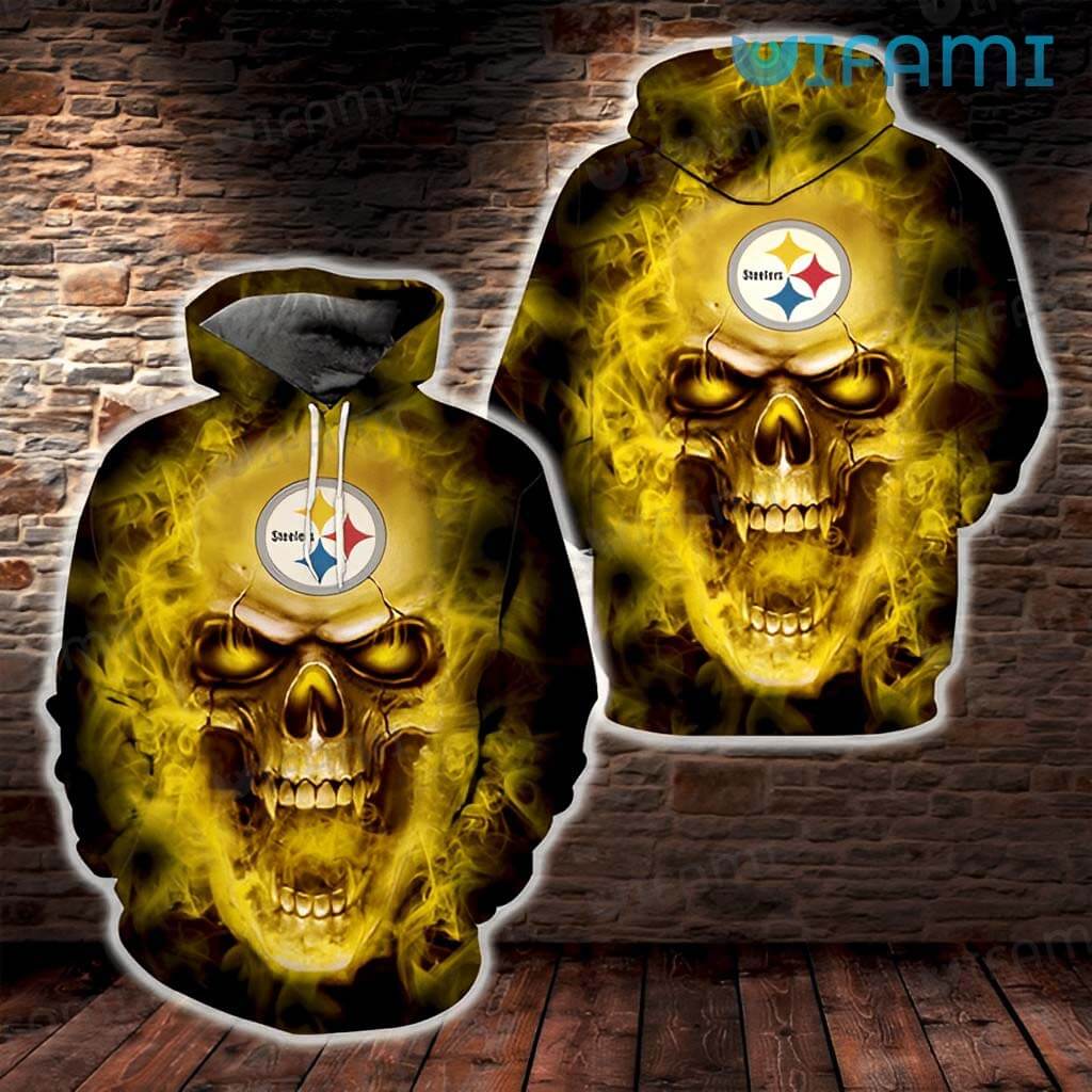 Pittsburgh Steelers Skull All Over Print Hoodie with Open Mouth Fire 0