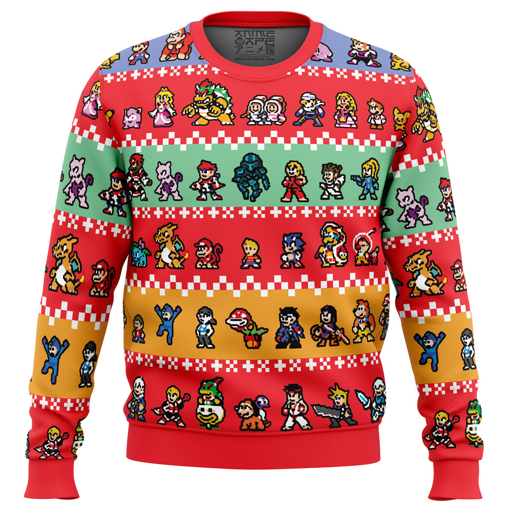 Pixel Smash Super Smash Bros Ugly Christmas Sweater FRONT mockup