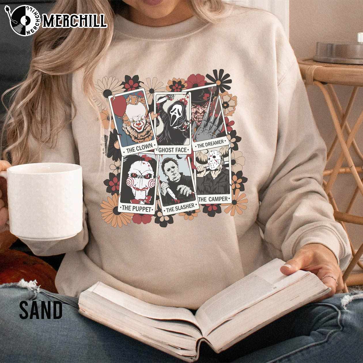 Retro Halloween Horror Movies Characters Floral Sweatshirt