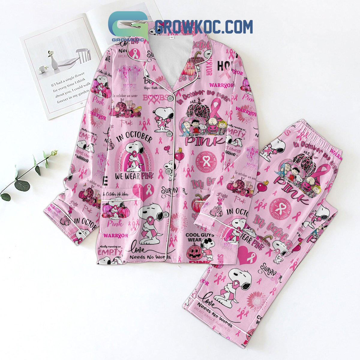 Snoopy Cool Guys Wear Pink Breast Cancer Awarness Pajamas Set2B1 w28hz