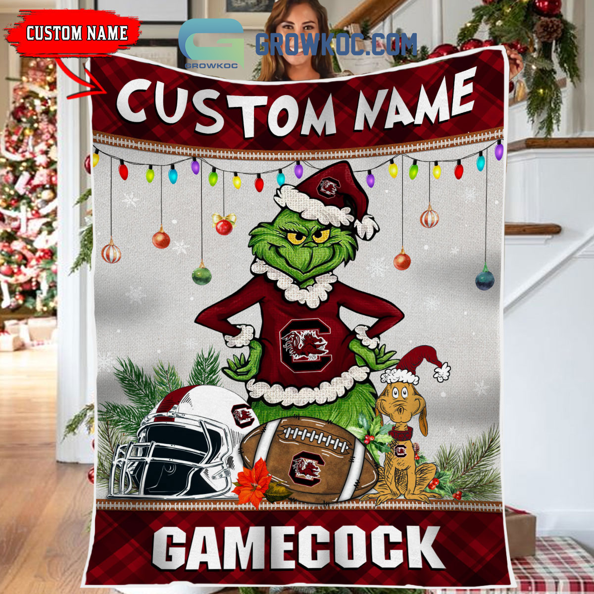 South Carolina Gamecocks Grinch Football Merry Christmas Light Personalized Fleece Blanket Quilt2B1 LzX7E