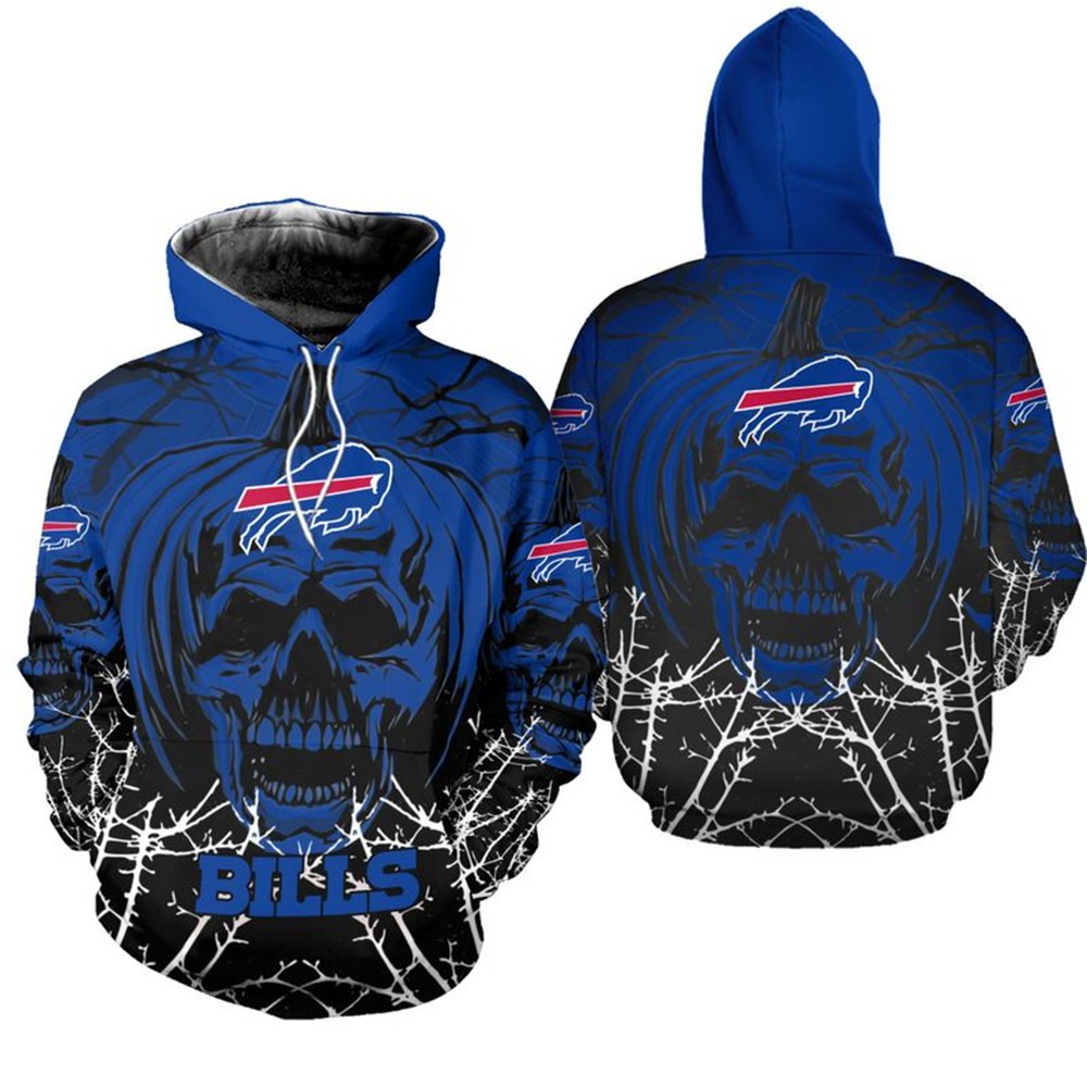 Spooky Halloween Pumpkin Skull Print Zip Hoodie For Buffalo Bills Fans 0