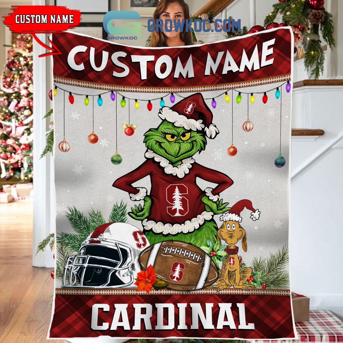 Stanford Cardinal Grinch Football Merry Christmas Light Personalized Fleece Blanket Quilt2B1 Tm5I9