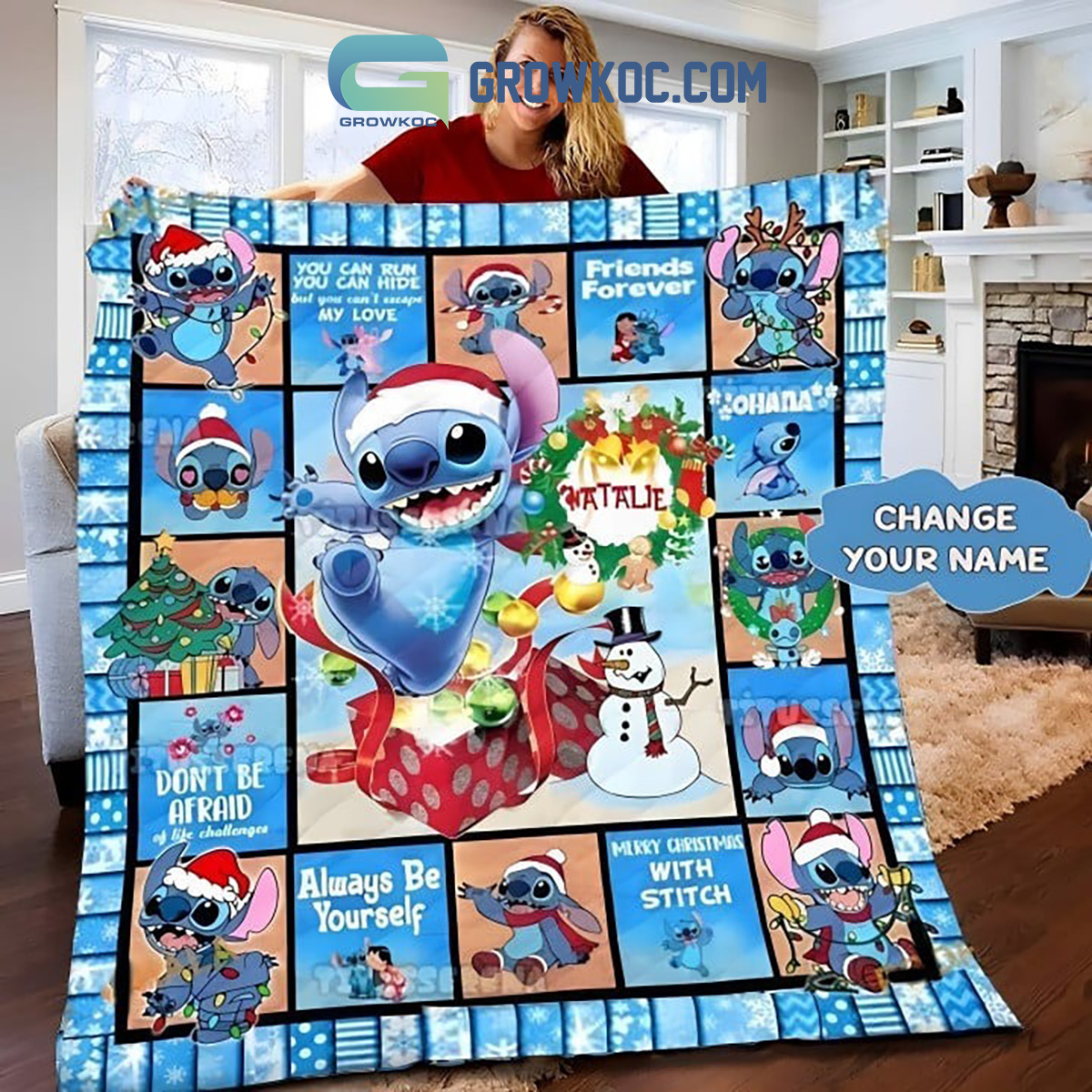 Stitch And Lilo Ohana Merry Christmas Personalized Fleece Blanket Quilt2B1 uE2Ia