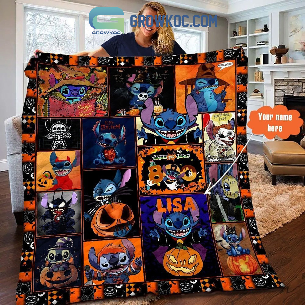 Stitch Halloween Trick Or Treat Custom Fleece Blanket Quilt2B1 ImIU6