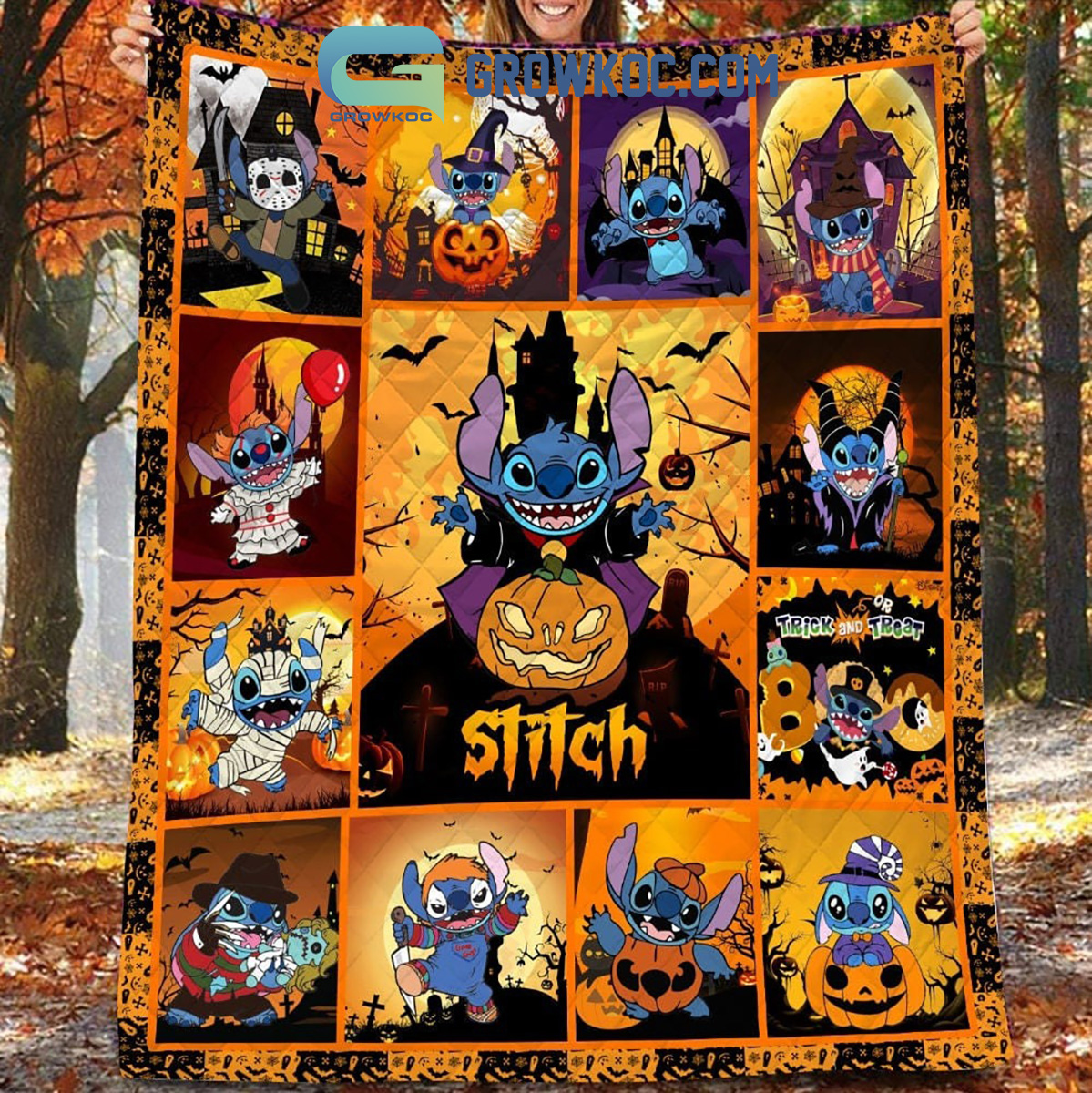 Stitch Happy Halloween Pumpkin Fleece Blanket Quilt2B1 9K0Iw