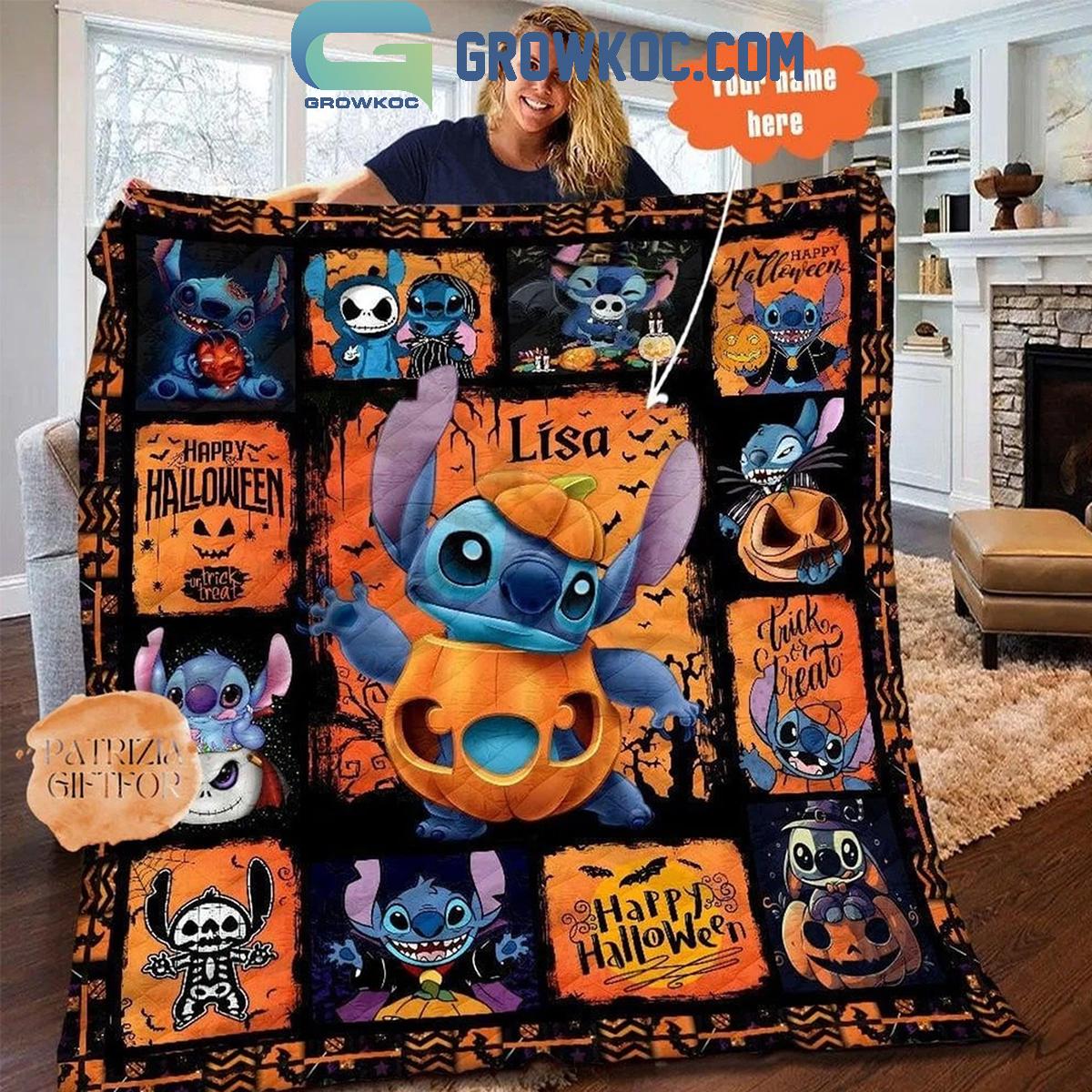 Stitch Trick Or Treat Happy Halloween 2024 Personalized Fleece Blanket Quilt 1 rvbYu