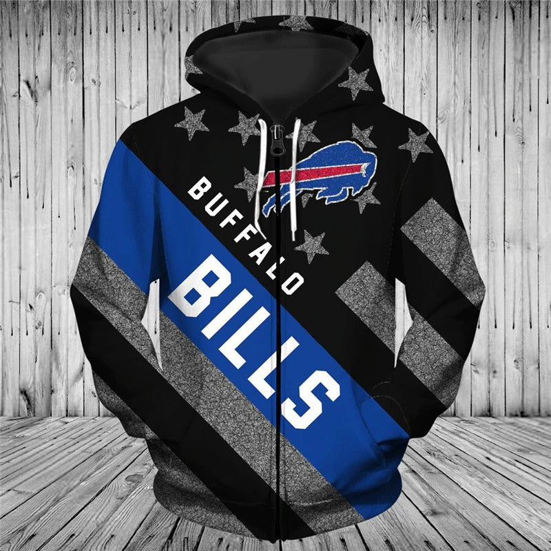 Stylish Buffalo Bills Zipper Hoodie With 3D Striped Banner Graphic Design Perfect Gifts For Fans 0