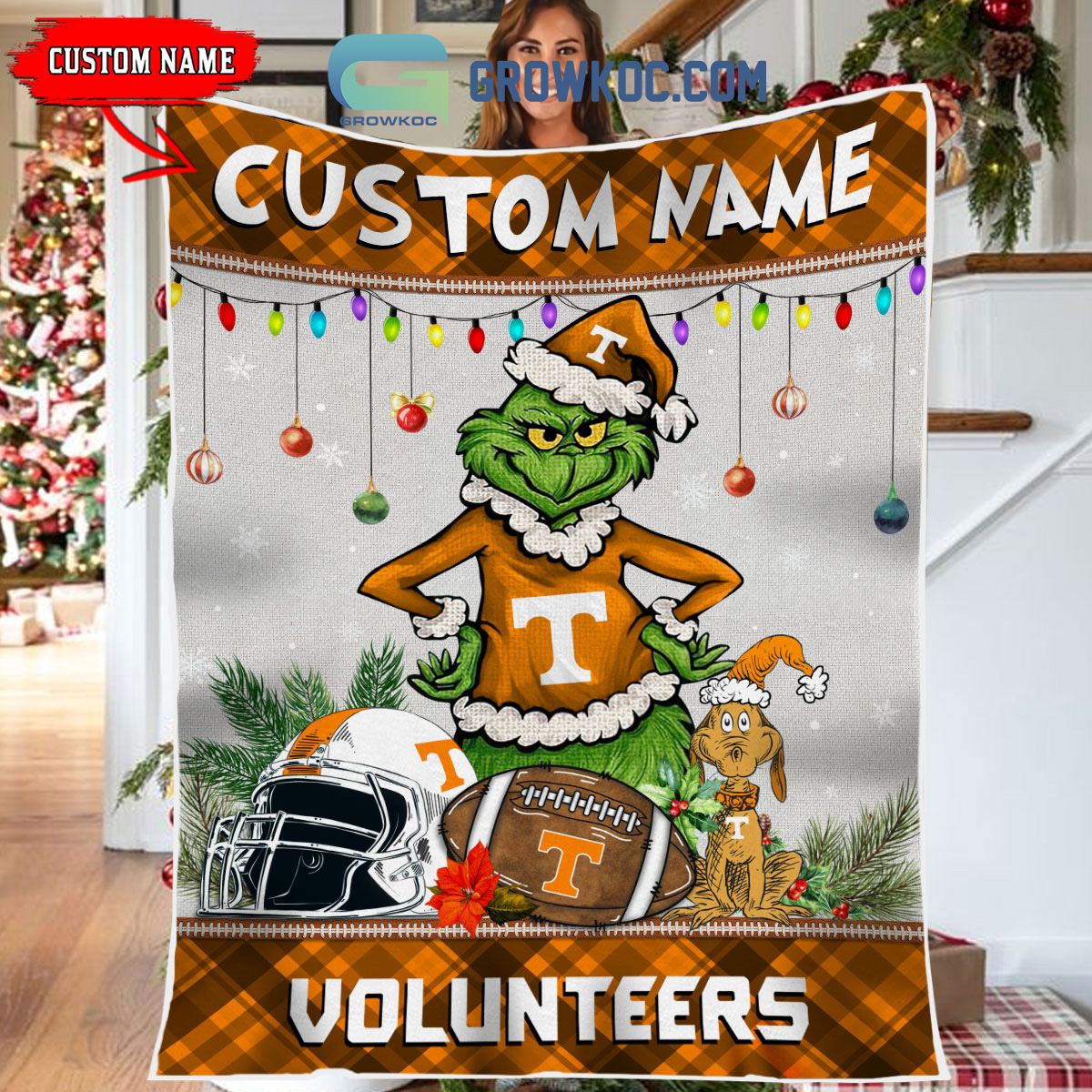 Tennessee Volunteers Grinch Football Merry Christmas Light Personalized Fleece Blanket Quilt2B1 LaQY2