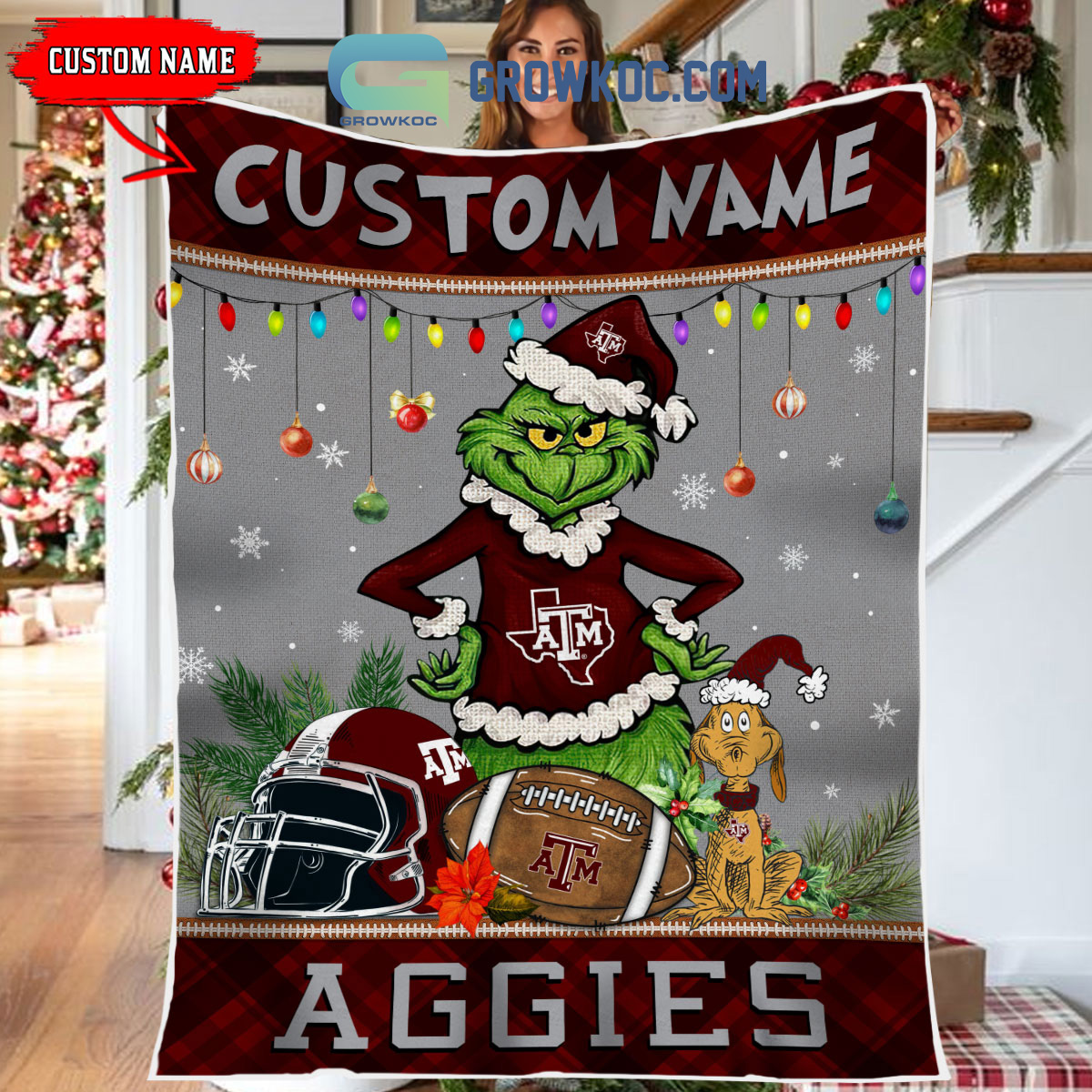 Texas A26amp3BM Aggies Grinch Football Merry Christmas Light Personalized Fleece Blanket Quilt2B1 HFXYi