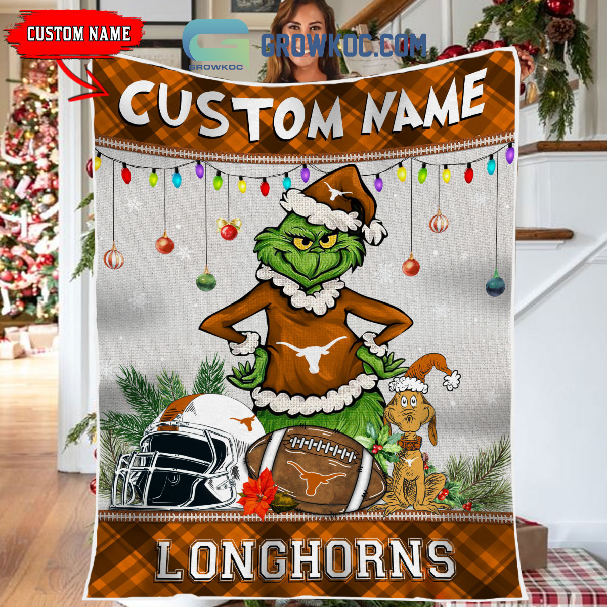 Texas Longhorns Grinch Football Merry Christmas Light Personalized Fleece Blanket Quilt2B1 nBW02