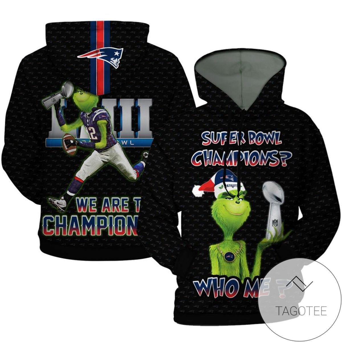 The Grinch New England Patriots Super Bowl Champions Santa Hat 3D Printed Hoodie Zipper Hooded Jacket