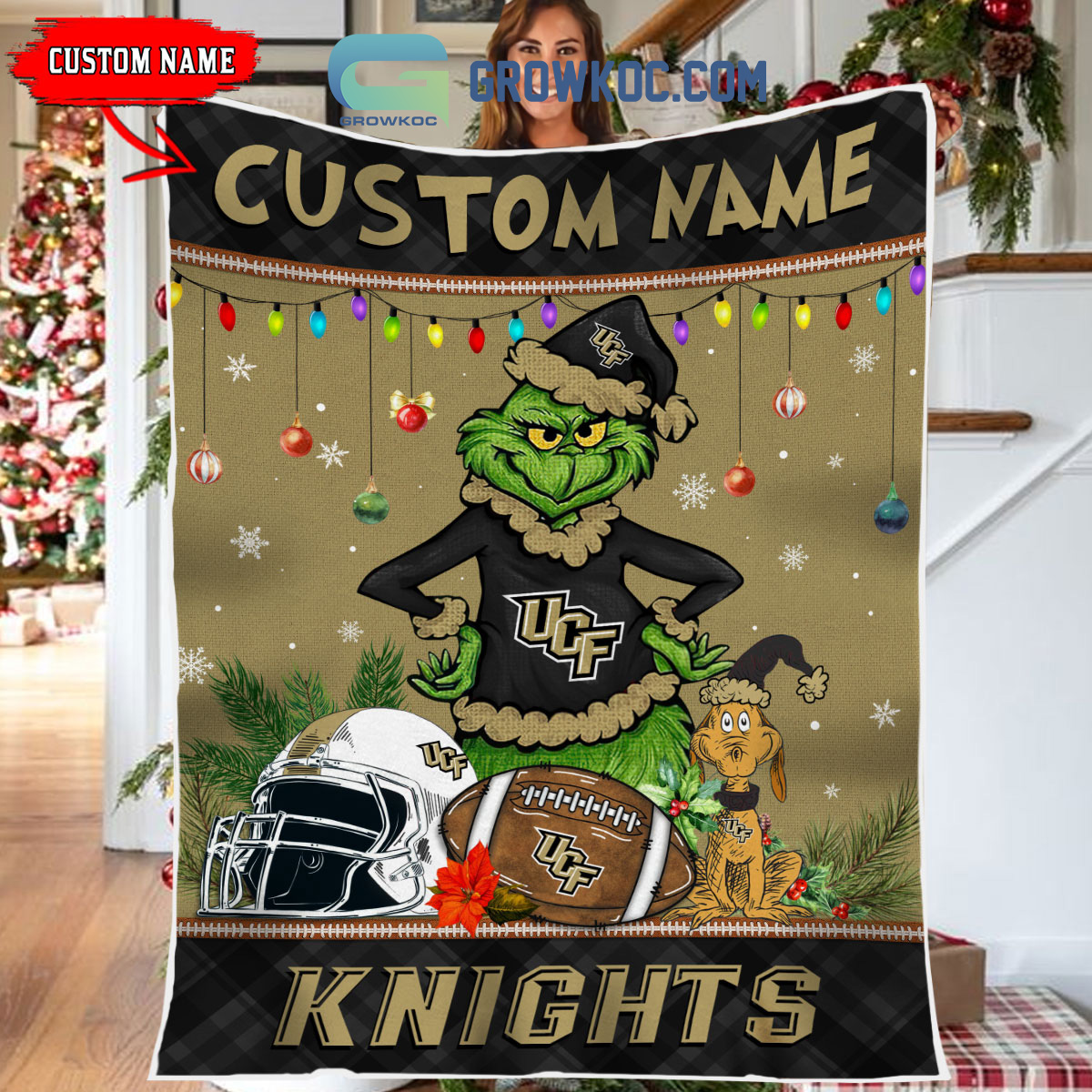 UCF Knights Grinch Football Merry Christmas Light Personalized Fleece Blanket Quilt2B1 pMR9t