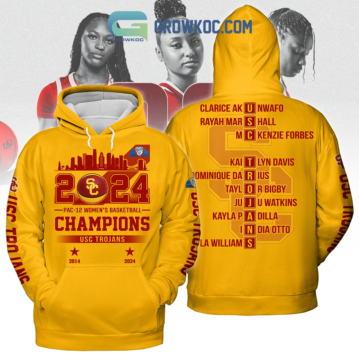 USC Trojans 2024 Pac 12 Womens Basketball Champions Hoodie Shirts Yellow Version2B1 SYzFT