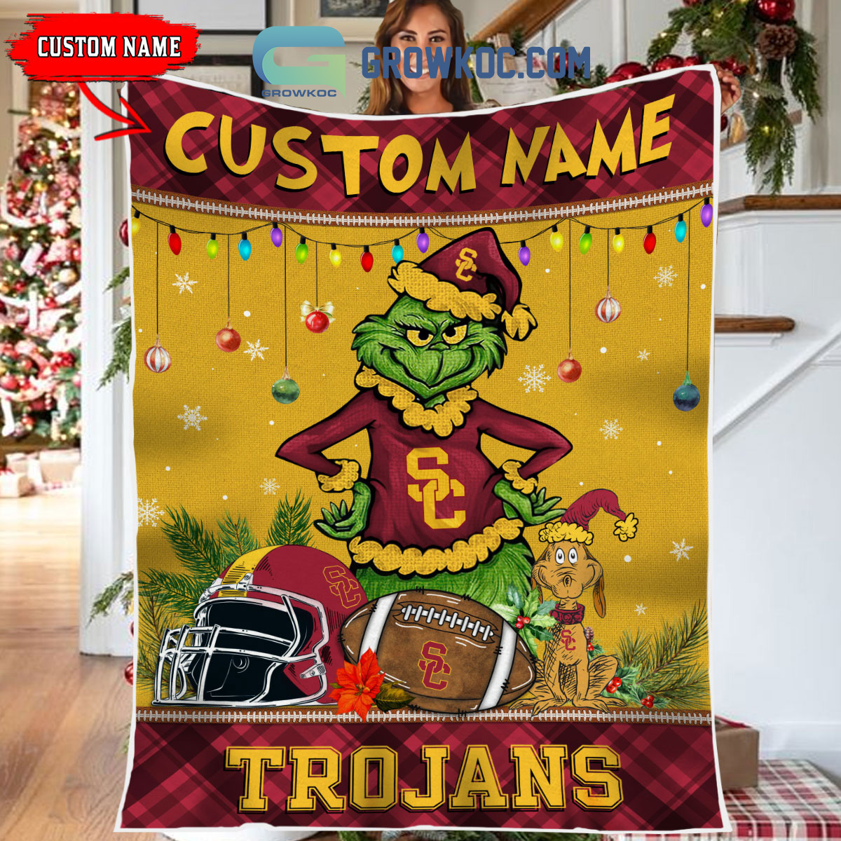 USC Trojans Grinch Football Merry Christmas Light Personalized Fleece Blanket Quilt2B1 hIi7q