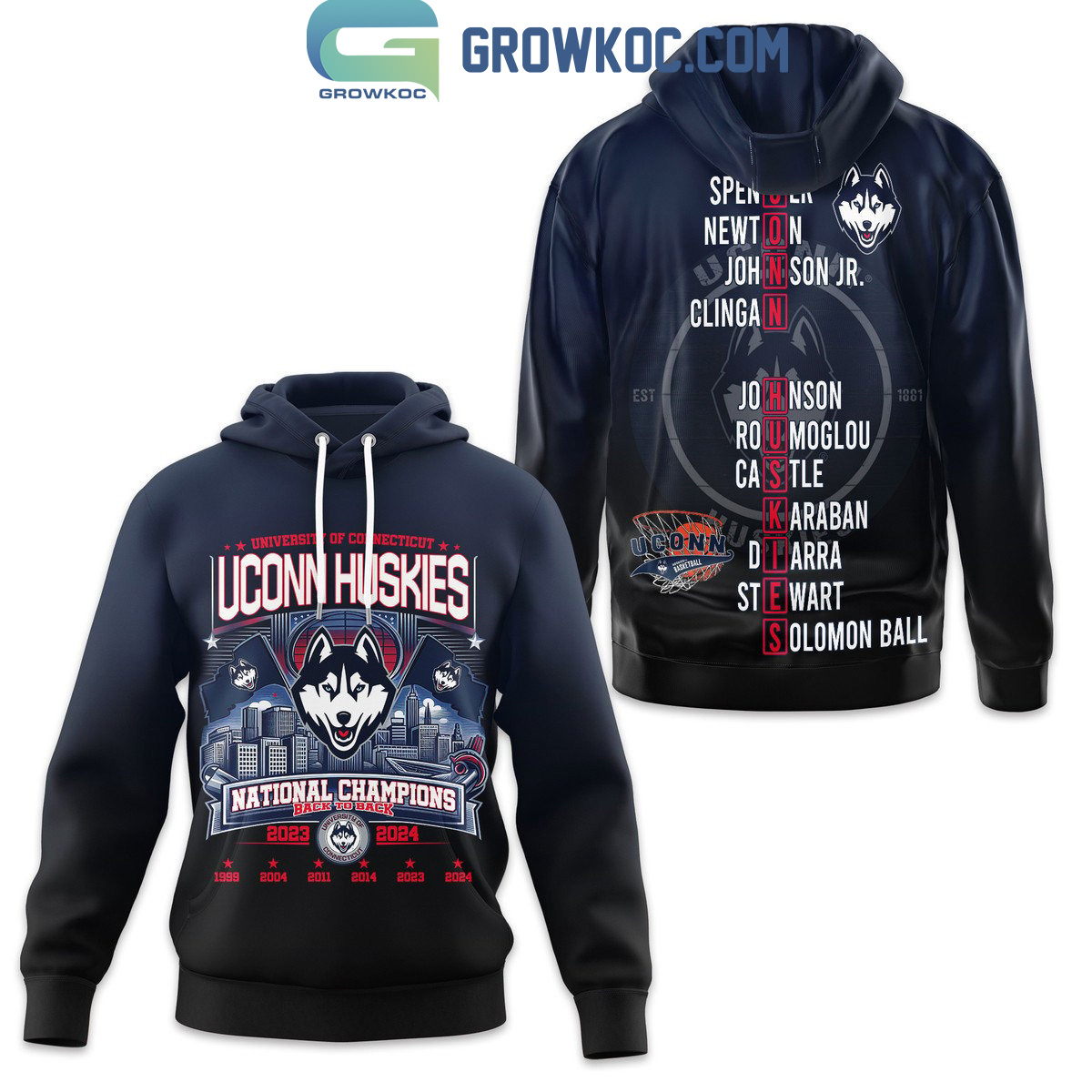 Uconn Huskies University Of Connecticut National Champions 2024 Back To Back Hoodie Shirts Navy2B1 uQrNO