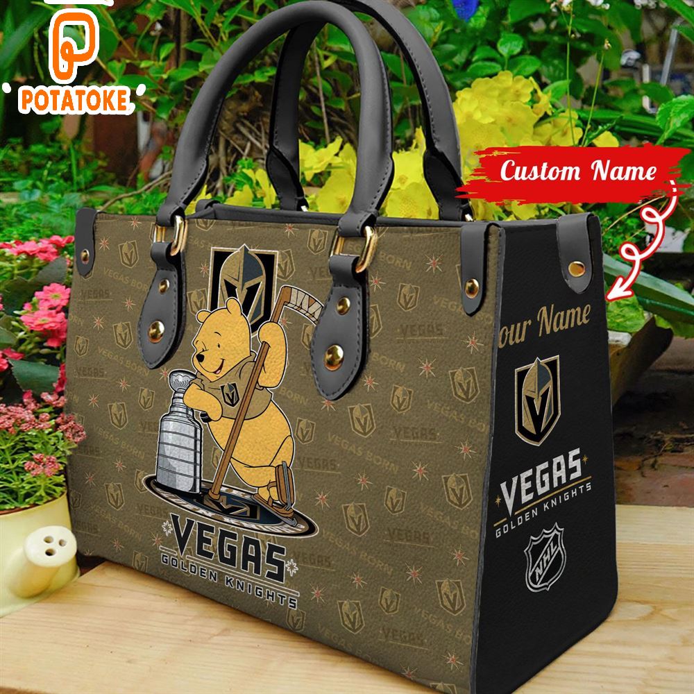 Vegas Golden Knights Champions Pooh Bear Women Leather Hand Bag