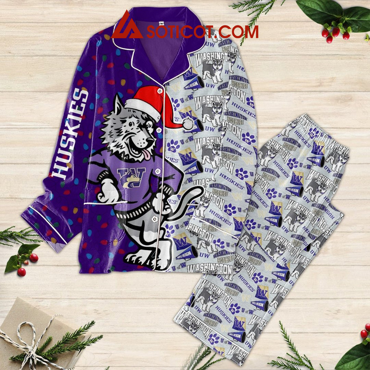 Washington Huskies UW Purple Reign NCAA Christmas Holidays Silk Pajamas Set2B1 nm2tN