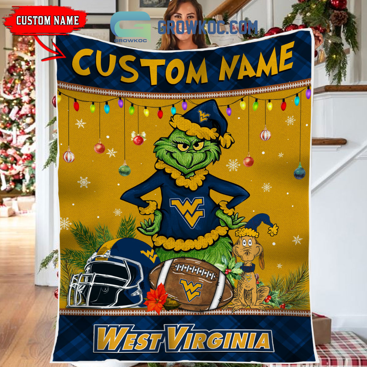 West Virginia Mountaineers Grinch Football Merry Christmas Light Personalized Fleece Blanket Quilt2B1 KAv4g