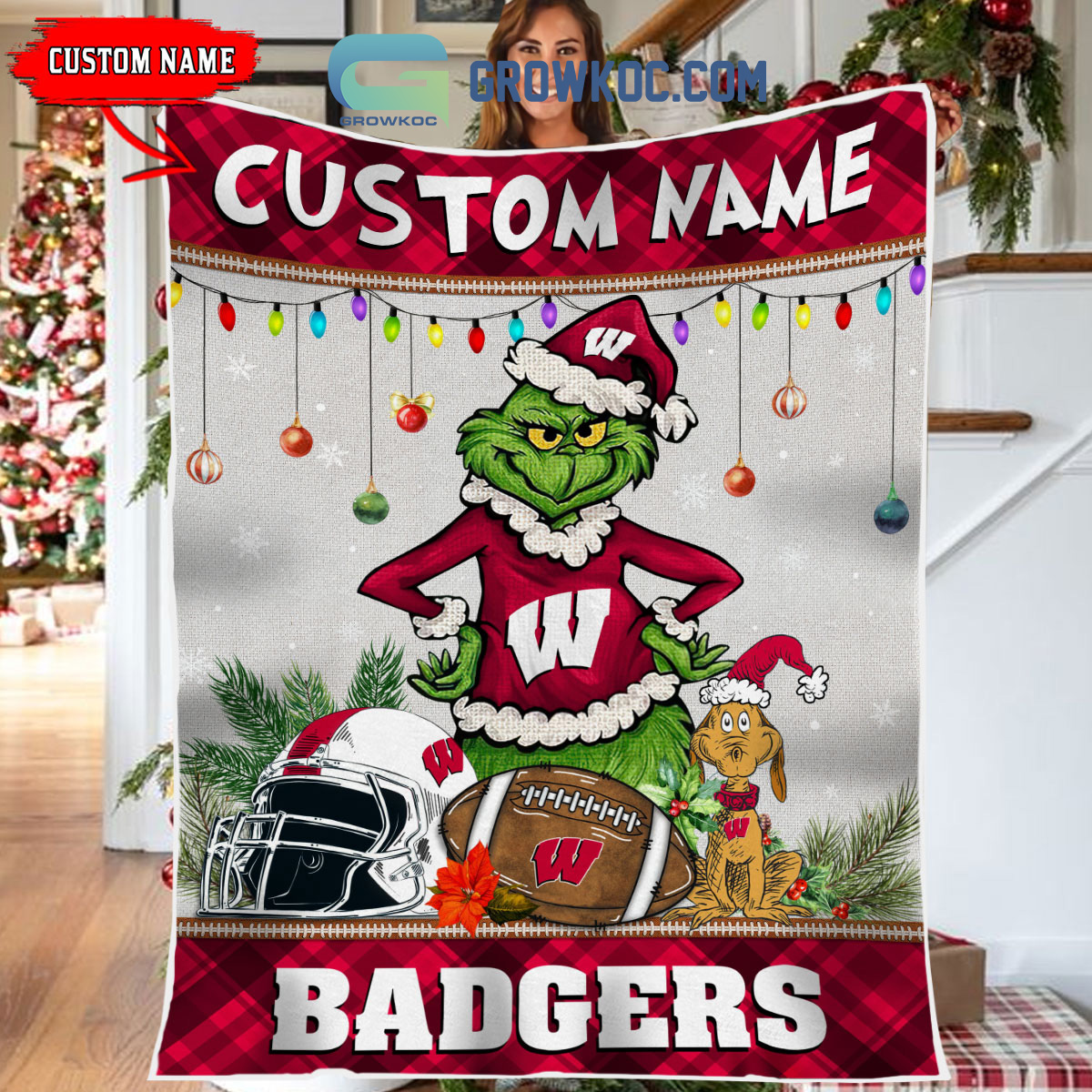 Wisconsin Badgers Grinch Football Merry Christmas Light Personalized Fleece Blanket Quilt2B1 jXwgs