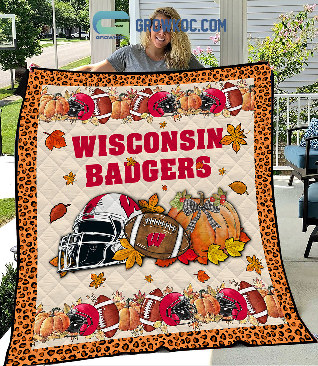 Wisconsin Badgers NCAA Football Welcome Fall Pumpkin Halloween Fleece Blanket Quilt2B1 Fq8OU