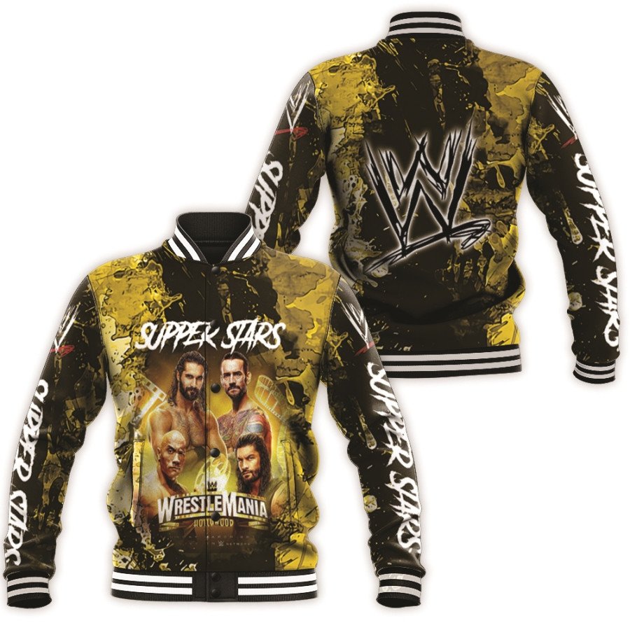 all stars super stars championship wwe legends wrestle mania black 3d designed allover gift for wwe fans baseball jacket button up zipper hooded all over print jshqa